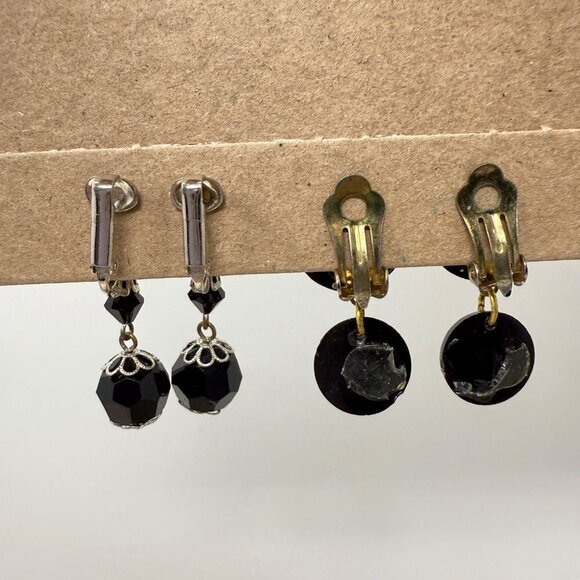Faceted Black Beaded Vintage Earrings Clip-On Vintage Goth‎ Witchy Dangle 2 sets - Picture 4 of 6